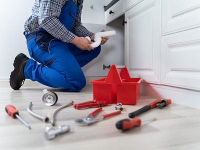 Male Plumber In Overall Fixing Kitchen Sink Pipe